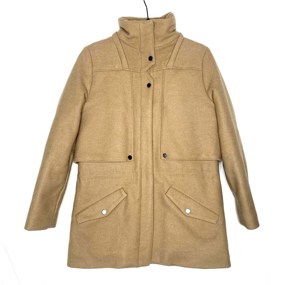 The Kooples Wool Blend Mockneck Utility Pea Coat Small Snap Front Zip Jacket Tan - Picture 2 of 15